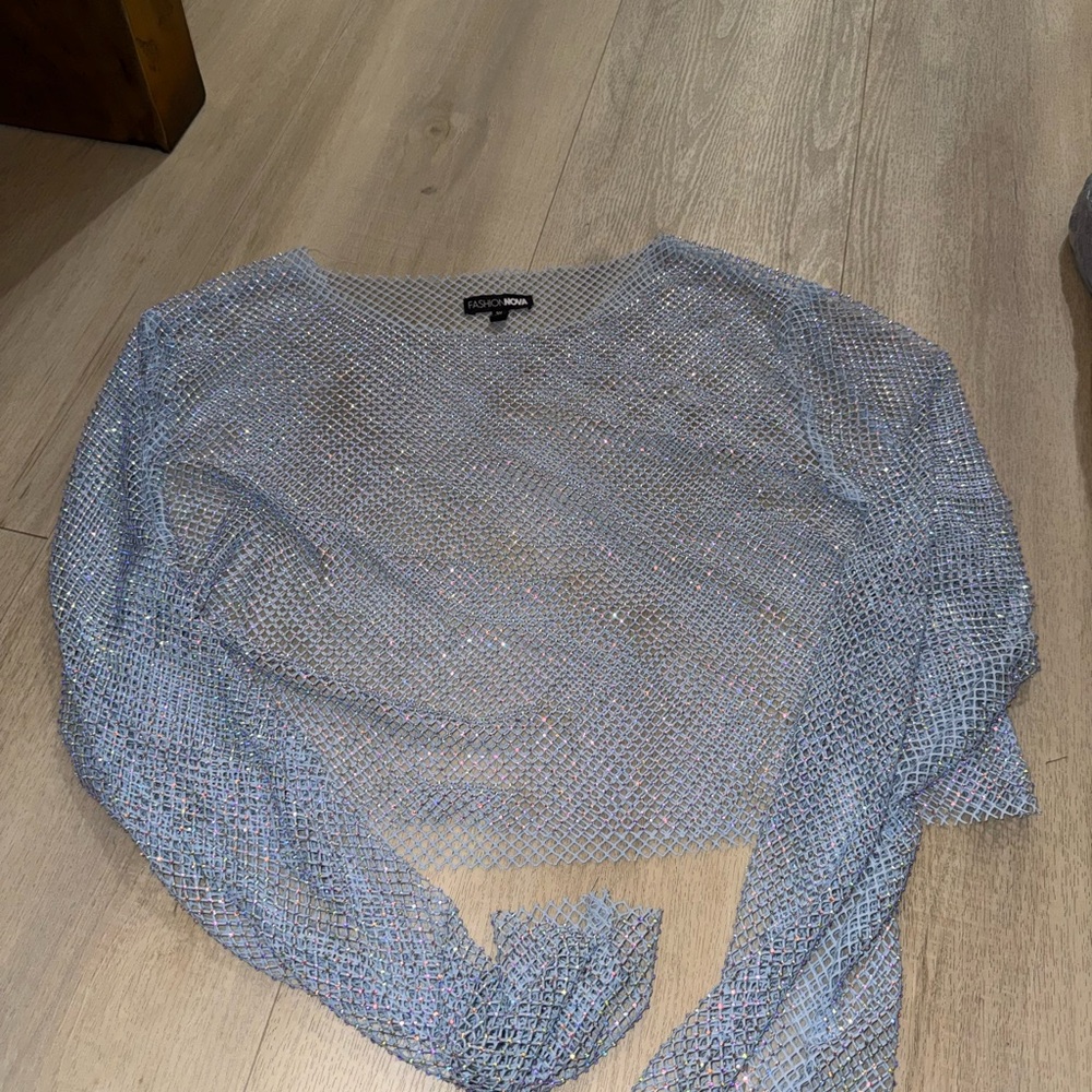 Fashion Nova Holographic Sheer Mesh Long Sleeve Top - Light Blue